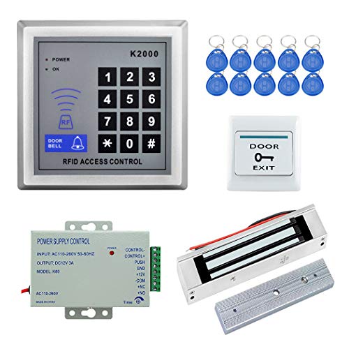 YAVIS Kit de Sistema de Control de Acceso Contraseña Teclado RFID + 180kg 350lbs Cerradura Magnética Eléctrica + DC12V Fuente de Alimentación + fuente de alimentación DC12V + 10pcs llaveros 125KHz