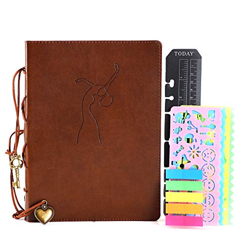 YHH A5 Bullet Puntos Journal Vintage Cuero Libreta Bonitas con Accesorio Tapa Dura Cuaderno Punteado Diario de Viaje Dotted Notebook Organizador Anillas Recargable Regalo Mujer Niña Bailarín Marrón