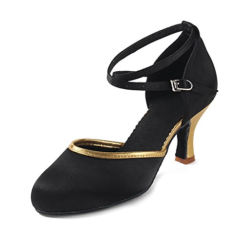 YKXLM Mujeres&Niña Zapatos latinos de baile Zapatillas de baile de salón Salsa Performance Calzado de Danza,ESWXCL-7,Negro+Oro color,EU 38