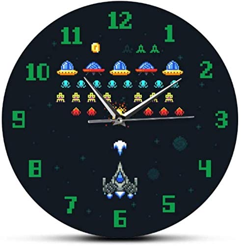 youmengying Co.,ltd Relojes De Pared Videojuego Retro Space Alien Invader Pixel Nave Espacial Decoración para Habitación De Niños Reloj De Pared Arcade Videojuego Reloj De Pared Acrílico 30X30Cm