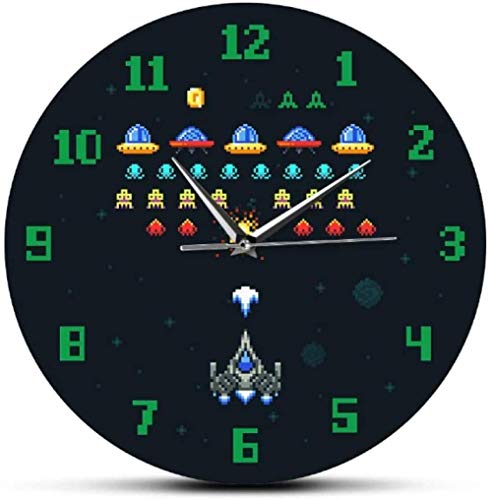 youmengying Co.,ltd Relojes De Pared Videojuego Retro Space Alien Invader Pixel Nave Espacial Habitación para Niños Decoración De Pared Reloj Arcade Videojuego Impreso Reloj De Pared Acrílico 30X30Cm