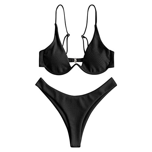 ZAFUL - Tirantes de baño con cuello en V para mujer, dos piezas, bikini de cintura alta con armazón Negro L