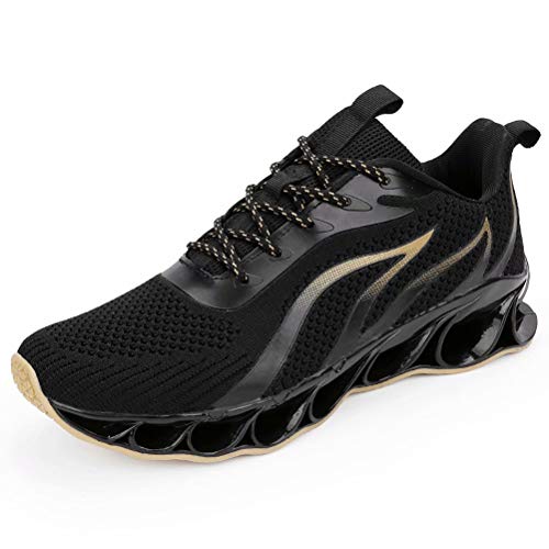 Zapatos para Correr Hombre Transpirables Cómoda Casual Zapatillas de Deporte Antideslizante Outdoor Gimnasio Sneakers Negro-Dorado 42