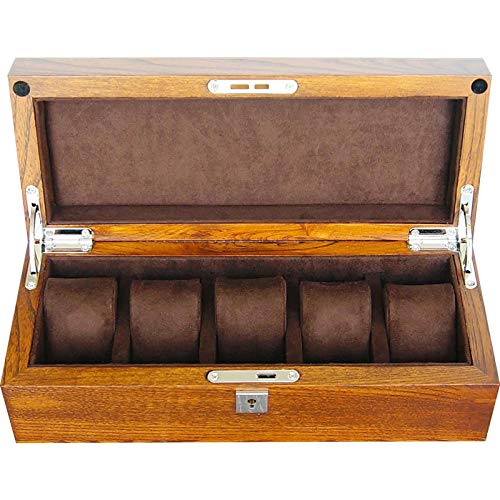 ZJDZ Caja para Relojes con 5 Compartimentos,con cojín extraíble,Bloqueable,Cierre de Metal,Caja de Madera para Relojes,Madera Maciza Olmo,Regalos Navidad（Marron Oscuro）