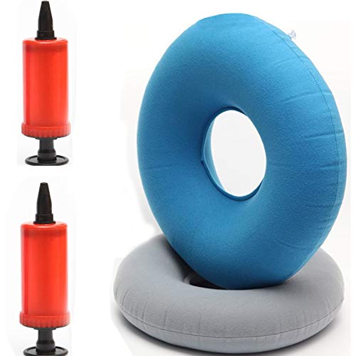 2 Piezas Cojín de Anillo de Rosquilla Inflable, Cojín Redondo Coxis Inflable con Inflator Bombas, para Asientos de Automóvil, Sillas de Ruedas, Tratamiento de Hemorroides (Gris, Azul)