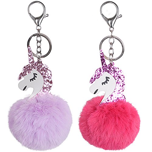 2Pcs Llaveros Unicornio con Pompón de Pelo Llaveros de Peluche Originales Cadena de Clave para Decoración de Llaves Coche Bolsa Mochila Teléfono Regalo para Mujer Niñas de Cumpleaños Navidad