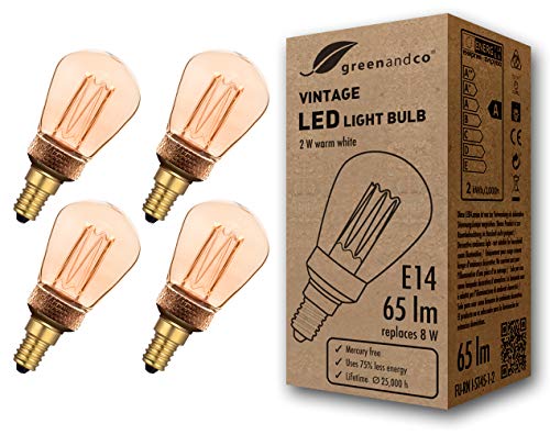 4x Bombilla LED greenandco® decorativa estilo vintage antiguo Edison E14 ST45 2W 65lm 1800K (blanco extra cálido) 320° 230V vidrio, sin parpadeo, no regulable