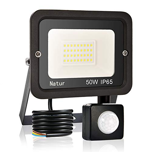 50W Foco LED Exterior con Sensor Movimiento, bapro Proyector LED Alto Brillo 5000 lúmen, IP65 Impermeable Floodlight Blanco Frío 6000K Iluminación de Exterior Seguridad para Jardín, Garaje,Fábrica