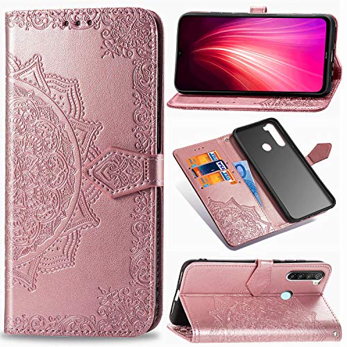 Abuenora Funda para Xiaomi Redmi Note 8, Carcasa Libro con Tapa Flip Case Antigolpes Golpes Cartera PU Cuero Suave Soporte con Correa Cordel - Mandala Oro Rosa