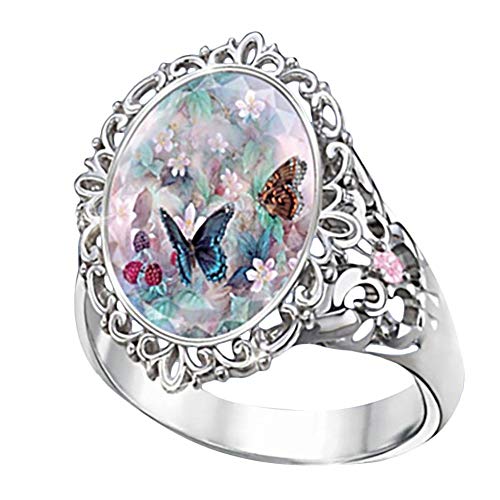 Anillo de piedras preciosas ovaladas Anillo de dedo de circón colorido vintage con patrón de mariposa Anillo de declaración de moda Boho Joyería de diseño hueco para mujeres niñas