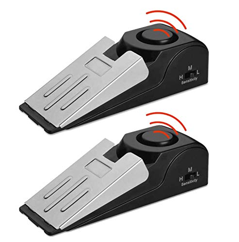 ASEOK Mini Alarma de parada de puerta inalámbrica, paquete de 2 tapones en forma de cuña de la puerta que bloquea el sistema de seguridad con sirena de 120 dB.