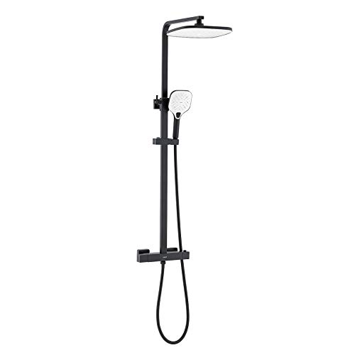 Auralum Columna de ducha Negra Termostática con grifo, Set de ducha con barra, sistema de ducha para Baño con 10" ducha de lluvia y 3 Funciones ducha de Mano. Altura ajustable