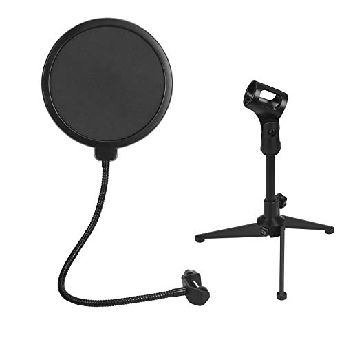 BAMZOK pantalla de micrófono anti-pop y juego de soporte de micrófono soporte de mesa Kit de accesorios de micrófono profesional Compatible Adecuado para transferir canciones de video