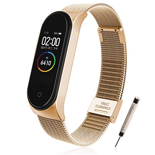 BANGTING Correa Acero Compatible con Pulseras Xiaomi Mi Band 3/4, Correas para Fundas Mi Fit Band 4 My Band 3 Inteligente Funda Miband3 Pulsera Reloj Metal Acero Inoxidable Banda Reemplazo, Oro