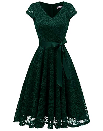 Berylove Mujer Encaje Corto Vestido Dama De Honor con Cinturón Escote V Vestido Cóctel Verde Oscuro 3XL