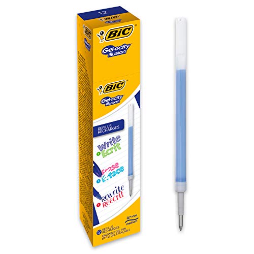 BIC Gel-ocity Illusion Recambios para Bolis de Gel Borrables punta media (0,7 mm) – Azul, Caja de 12 unidades