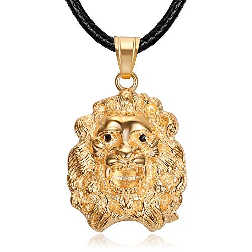 Bobijoo Jewelry – Colgante con diseño de cabeza de león para mujer, acero inoxidable, oro rosa chapado con cordón de piel, ojos negros