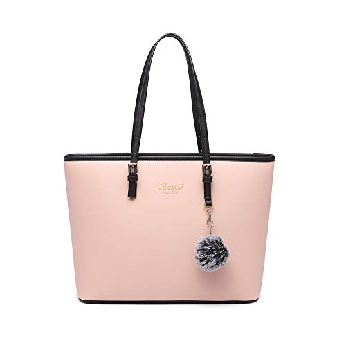 Bolsos Mujer Bolso Bandolera Mujer Bolsos de PU Cuero Shopper Bolsa Tote para con decoración de pompon(Rosa)