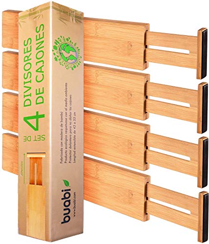 Buabi Set 4 divisores de cajones. Separadores de bambú Extensibles y Ajustables (43-54.5cm). Organizador de Cubiertos, Calcetines, Ropa Interior, Herramientas