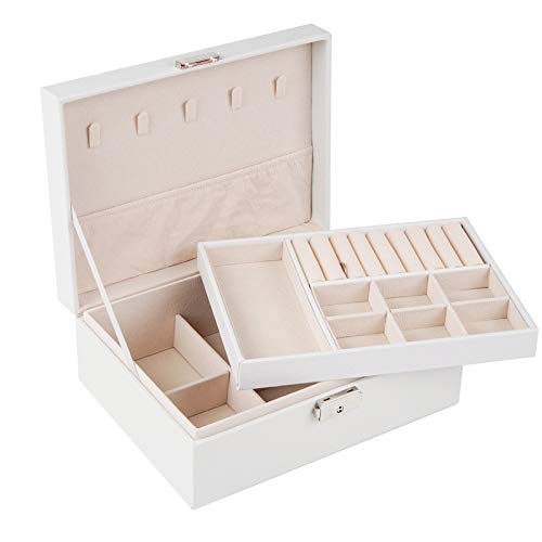 Caja de joyería para mujer, con cerradura y bandeja extraíble, para almacenamiento y exhibición de collares, pendientes, anillos, pulseras, etc. (blanco doble).