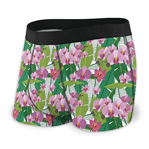 Calzoncillos Boxer para Hombre, Hojas en Verde y Flores en Tonos Rosados ​​Tropical Paradise Island Flora Theme Theme XL