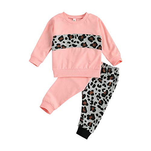 Carolilly Conjunto de 2 piezas de ropa deportiva para niña de algodón, sudadera sin capucha, estampado de leopardo + pantalones deportivos Rosa 6-12 Meses