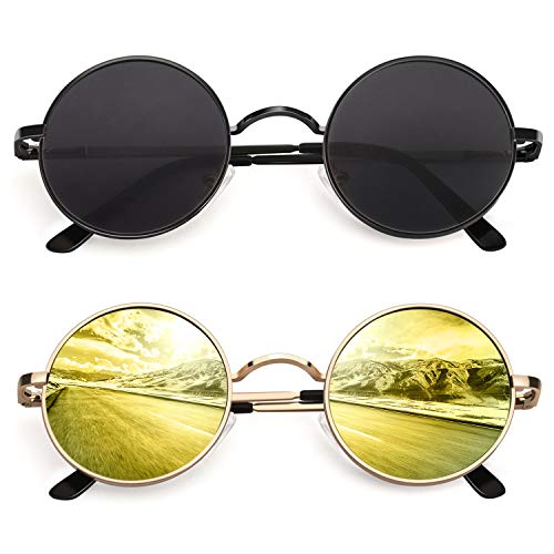 CGID E01 Pack 2 Estilo Vintage Retro Lennon inspirado círculo metálico redondo gafas de sol polarizadas para hombres y mujeres