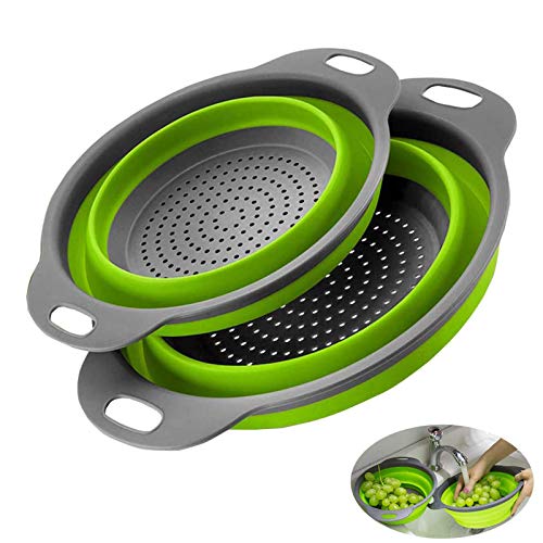 Coladores Plegables 2 Piezas,Coladores Cocina Plegable,2 Tamaños Escurridor Pasta Plegable,Ahorra Espacio,para Drenar Pasta,Frutas,Patatas,Broccoli,Camping,Accesorios Cocina(Verde)