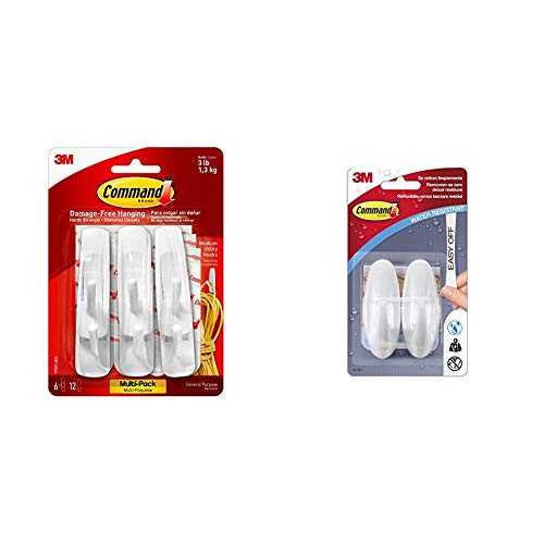 Command 3M 17001-VP-6PK - Ganchos autoadhesivo universal (tamaño medio, 6 unidades), color blanco + W17081 Pack de 2 ganchos resistente al agua, diseño mediano, Blanco, Set de 2 Piezas