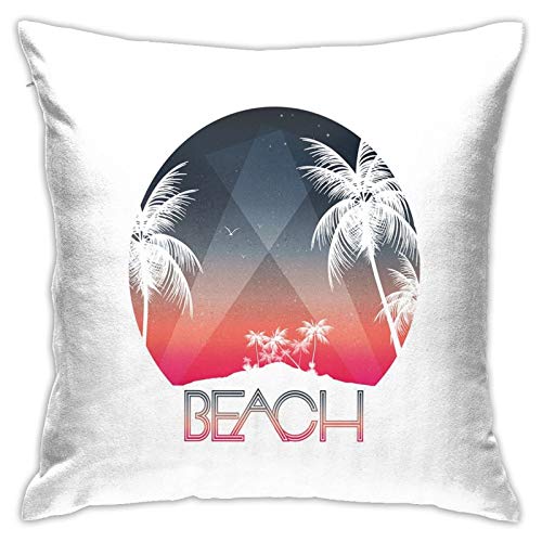 DHNKW Throw Pillow Case Cushion Cover，Beach Party Tropical Island and Palm Trees with Starry Night and Birds Illustration ，18x18 Inches