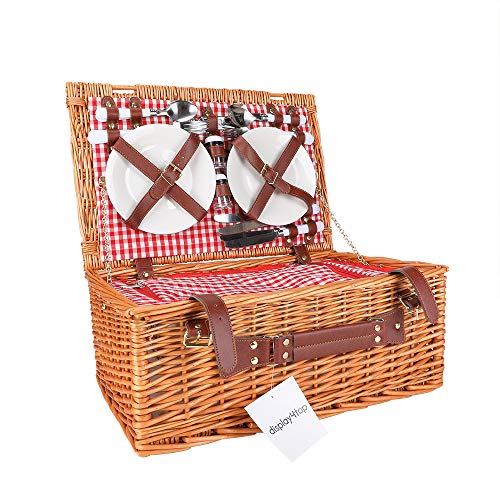 Display4top Cesta de Picnic de Mimbre Tradicional para 4 Personas Deluxe Cesto de Mimbre - Juego Premium con Platos, Copas de Vino, Cubiertos y servilletas (Rosa)