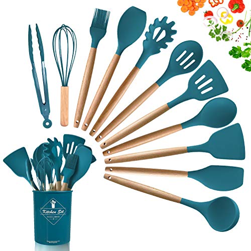 DOPGL Juego de 11 utensilios de cocina de silicona, resistentes al calor, mango de madera, sin BPA, no tóxico, espátula, espátula, cuchara, utensilios de cocina antiadherentes Azúl Oscuro