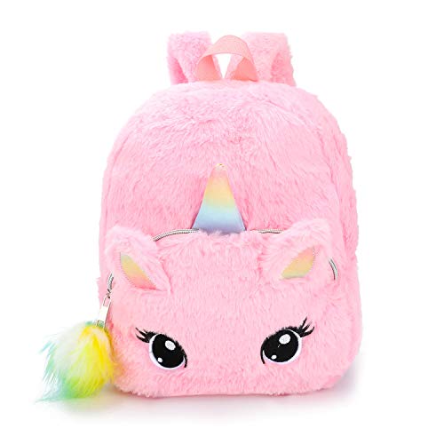 dressfan Mochila con diseño de Unicornio Mochilas Infantiles de Peluche para niños de 2 a 6 años con Colgante de Bola de Pelo