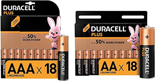 Duracell Plus AA+AAA, Pilas Alcalinas ,2 paquetes de 18 con apertura simplificada, 1,5 Voltios