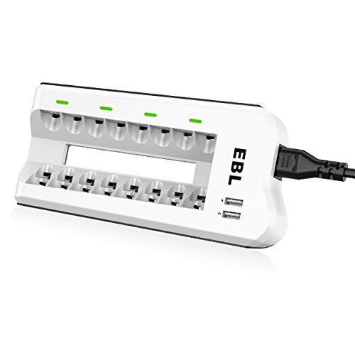 EBL 8 Ranuras Cargador Pilas Recargables para AA AAA NiMH con 2 Puertos USB