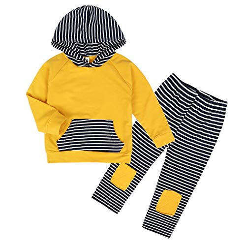 Edjude Bebé Niño Conjuntos de Sudaderas con Capucha Manga Larga Ropa Otoño Pantalones Raya 6-9 Meses Amarillo