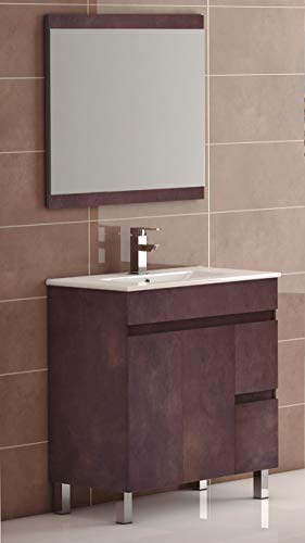 EL ALMACEN DEL PROFESIONAL Juego de Mueble de Baño Modelo Egipto Porcelana, Conjunto formado por Mueble de Baño Estilo Madera Color Cobre Ancho 100cm, Lavabo de Porcelana y Espejo a Juego