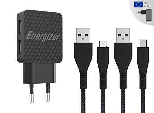 Energizer AC2BEULCMM - Cargador Sector - 2.4A - 2 USB - Enchufe UE - Cable USB-C 2.0 y Micro-USB Incluido - Negro