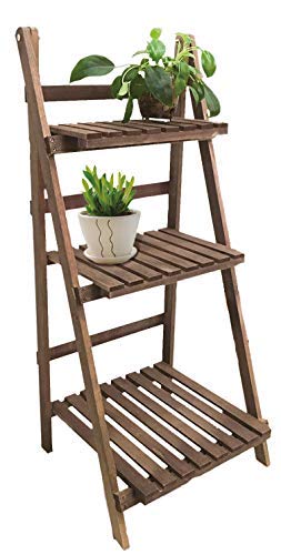 Escalera de madera para macetas con 3 estantes; estantes plegables para plantas. Escalera para flores para interior y exterior