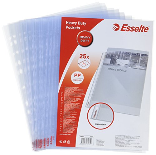 Esselte 47187 - Funda perforada reforzada (A4, polipropileno, apertura superior, 25 unidades), transparente