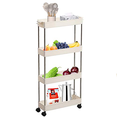 Estante organizador de almacenamiento deslizante delgado, carrito de almacenamiento móvil para cocina y baño con ruedas para espacios estrechos (4 niveles, blanco)