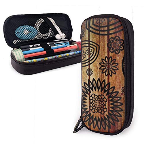 Estuche de lápices de cuero PU Art Flower de madera, bolso de bolígrafo de gran capacidad, organizadores de papelería duraderos