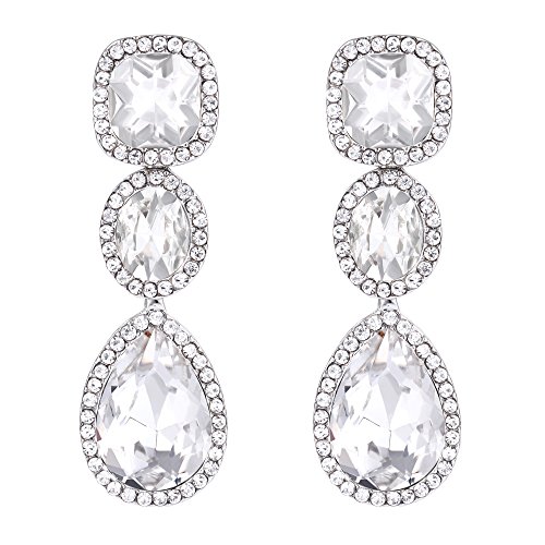 EVER FAITH Rhinestone Cristal Fiesta Moda Nupcial Lágrima Halo Colgante Pendientes Plateado Tono Plateado