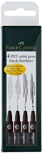 Faber-Castell 167115 - Pack de 4 rotuladores Pitt Artist Pens Black Fineliner, surtido de 4 puntas, XS, S, F, M, color negro