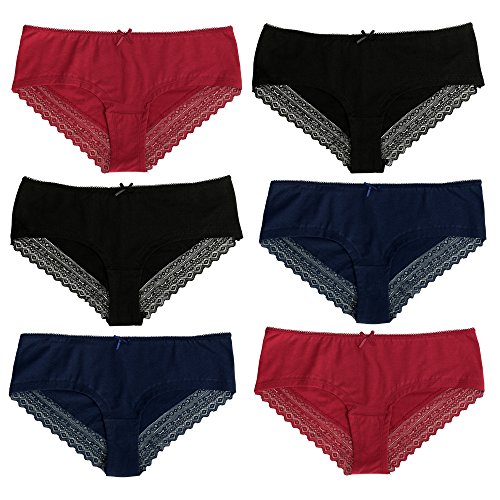 Fabio Farini Mujer Pantys Bikini Calzoncillos 4 y 6 Pack tamaños, 95% algodón Transpirable 6er Pack con Encaje 2 Negro 2 Azul 2 Rojo L