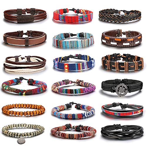 Finrezio 18 Piezas Pulsera Trenzada para Mujeres Hombres Pulsera Cuero Boho Étnico Tribal