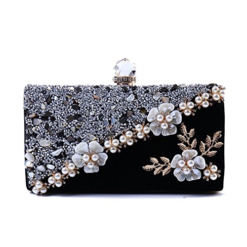 Flada chica noche embragues pedreria flor 3D bolsos moldeados bolsas de hombro negro