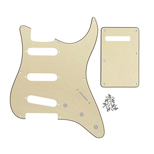 FLEOR Set de 8 agujeros SSS Pickguard y placa posterior de guitarra con tornillo para reemplazo de piezas de guitarra estilo Strat Vintage, crema de 3 capas