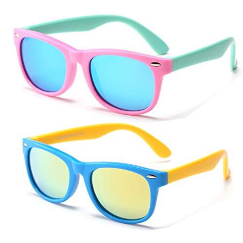 FOURCHEN Gafas de sol flexibles de goma polarizadas para niños para niñas de 3 a 10 años de edad (PG blue lens+BY Gold Lens)