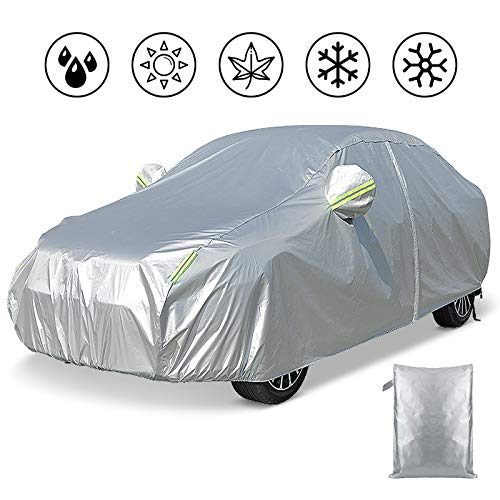 FREESOO Funda para Coche Exterior 210T Impermeable Funda de Coche Cubierta Exterior con Cremallera Raya Reflectante contra Sol Nieve Polvo Viento Universal